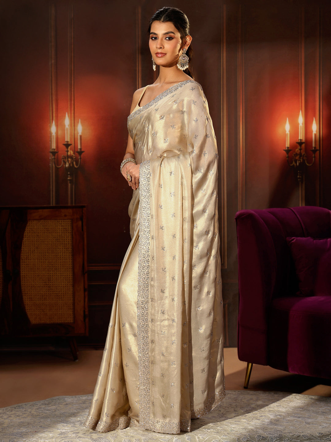  Libas Art Cream Embellished Tissue Saree 