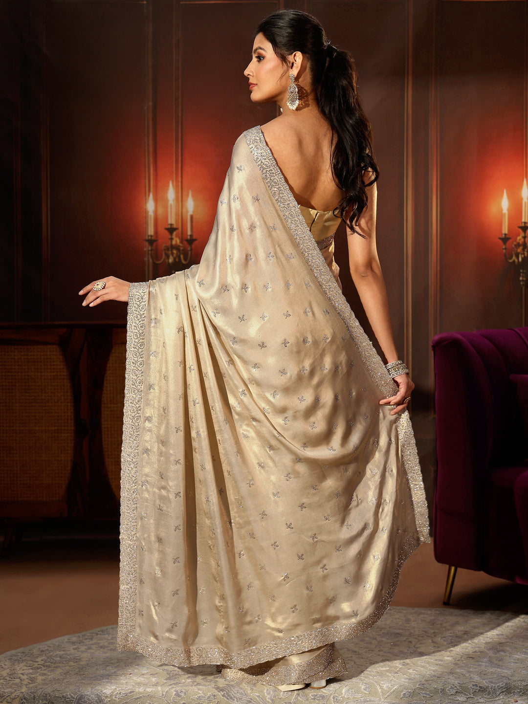  Libas Art Cream Embellished Tissue Saree 