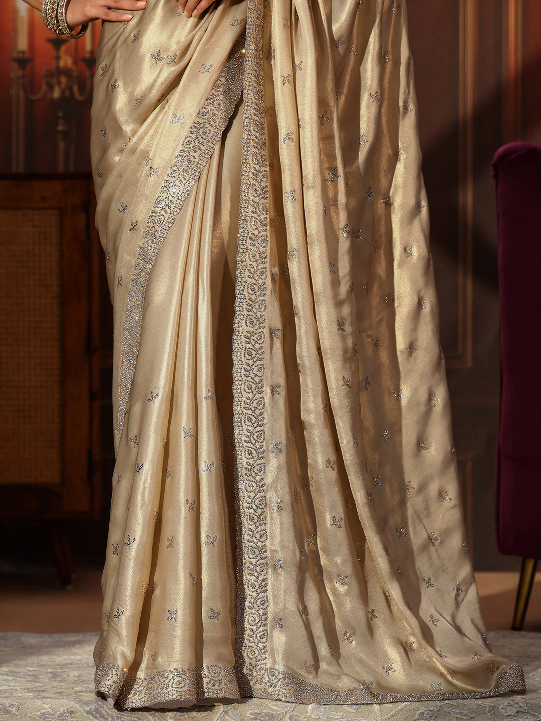  Libas Art Cream Embellished Tissue Saree 