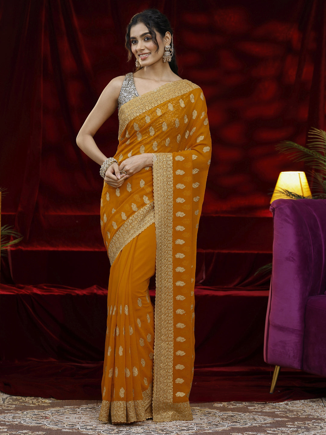  Libas Orange Embroidered Georgette Saree 