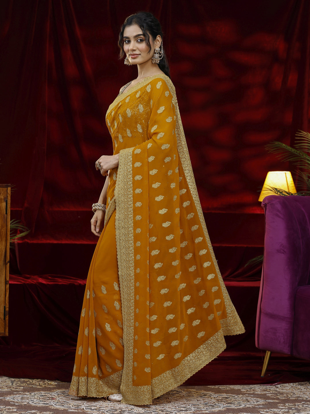  Libas Orange Embroidered Georgette Saree 
