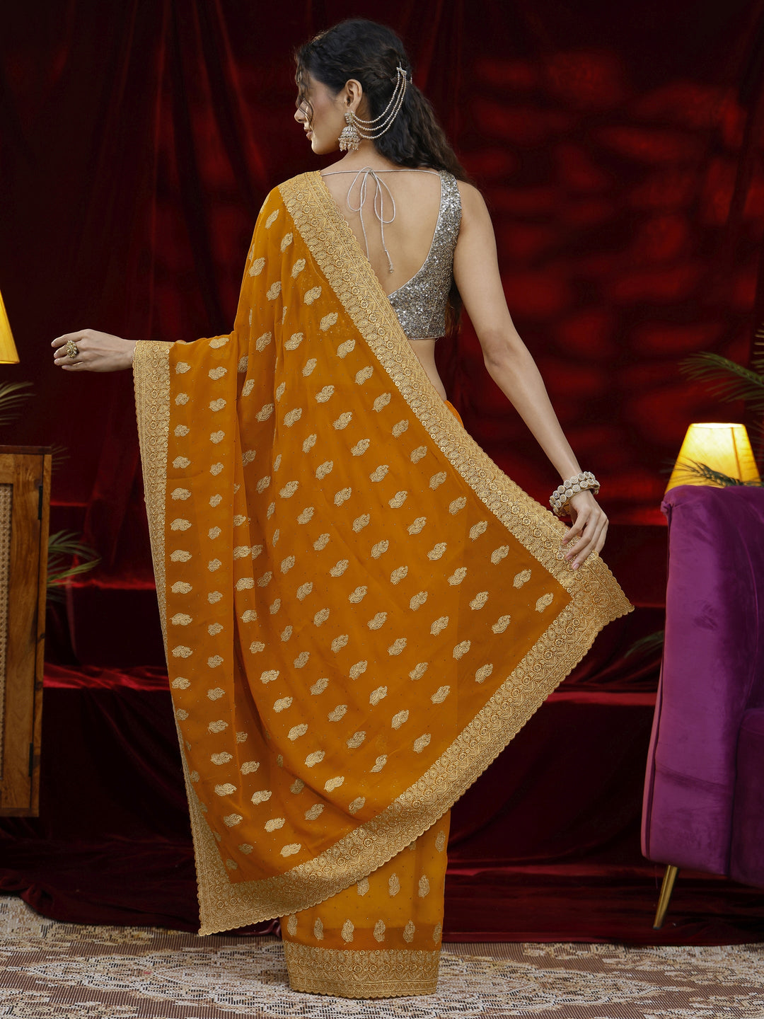 Libas Orange Embroidered Georgette Saree 