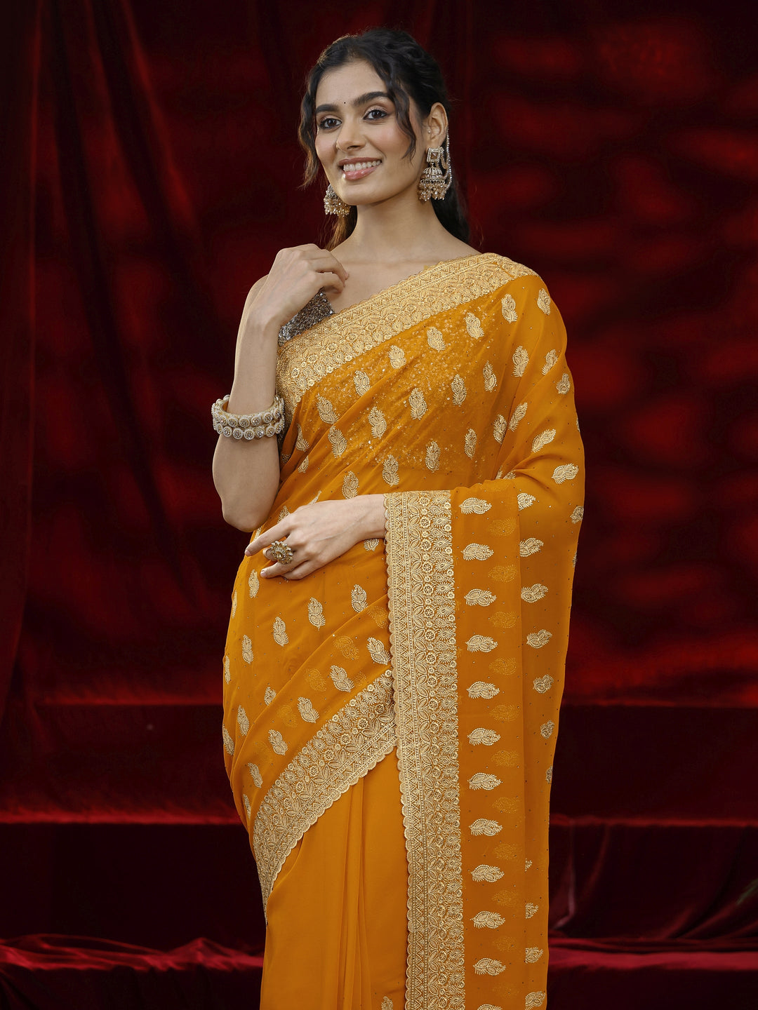  Libas Orange Embroidered Georgette Saree 