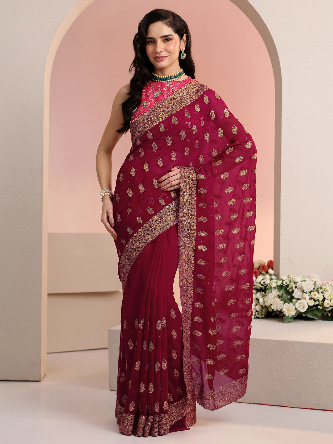  Libas Rani Pink Embroidered Georgette Saree 