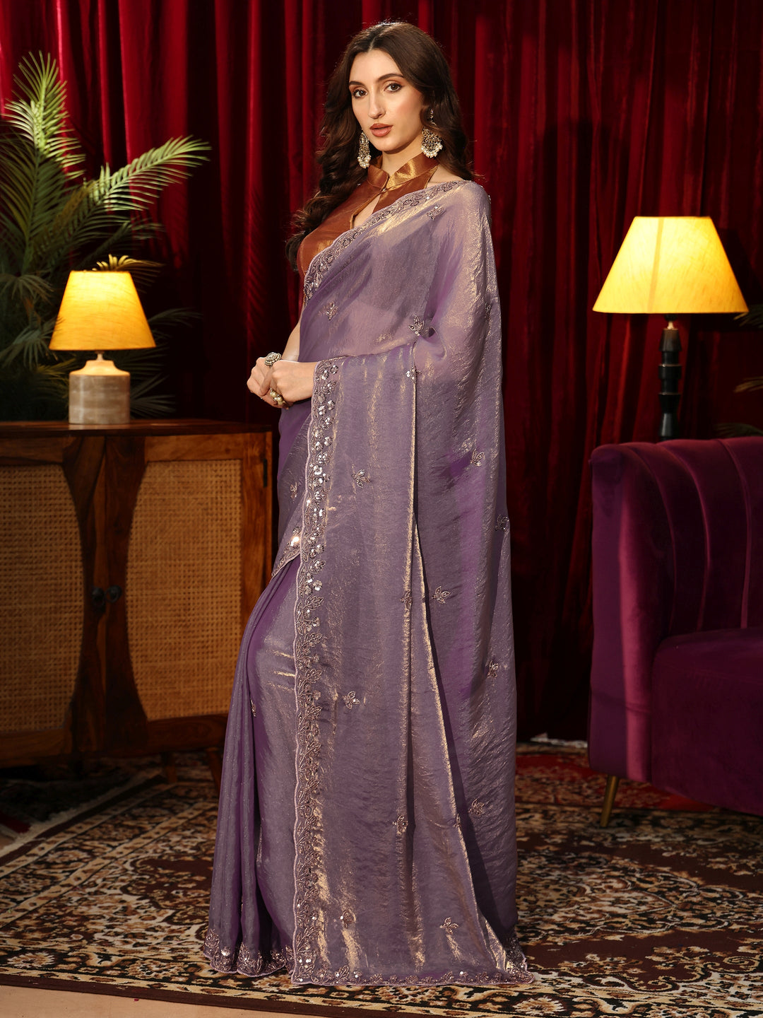  Lavender Tissue Saree with Embellished Border 