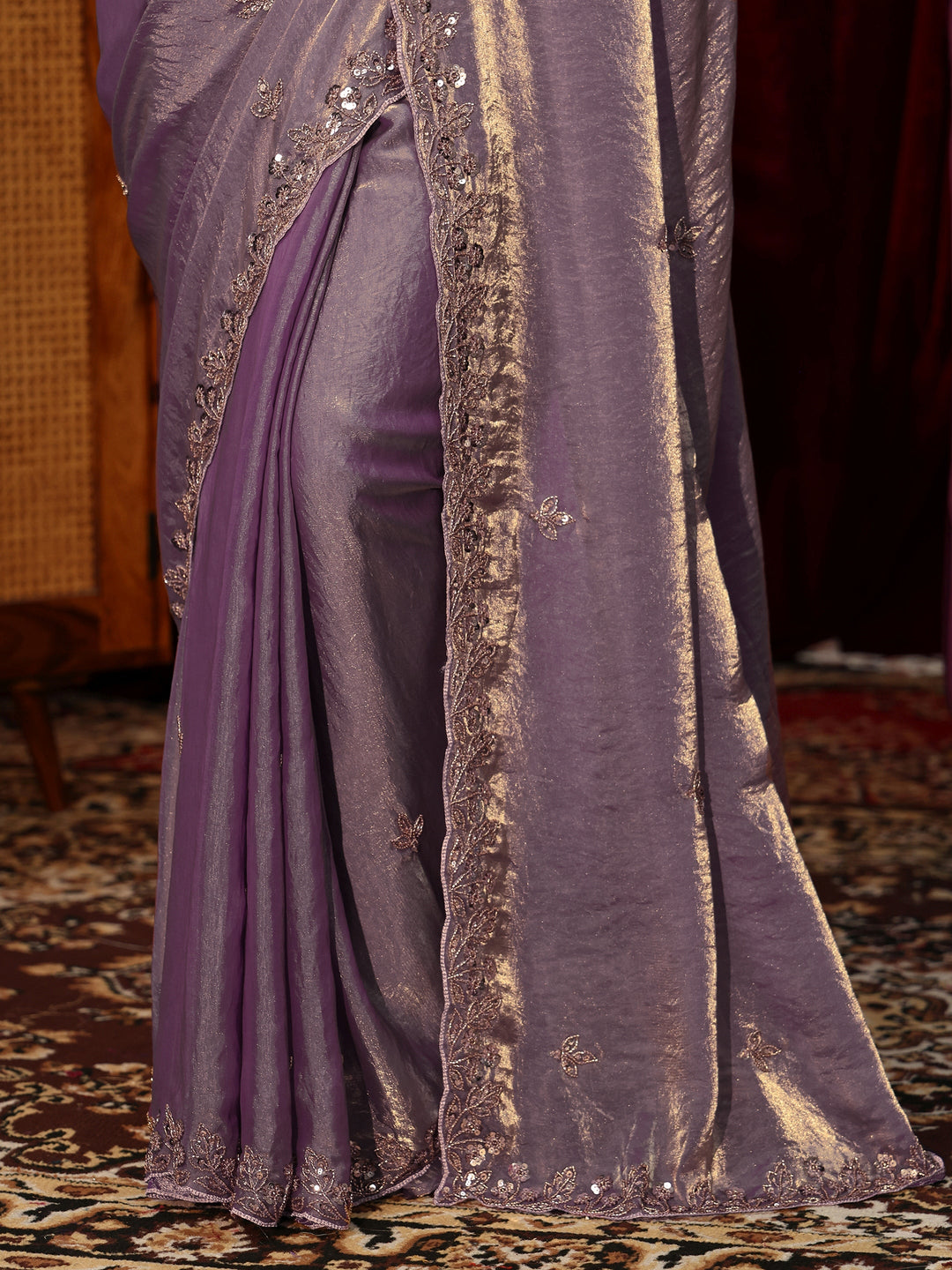  Lavender Tissue Saree with Embellished Border 