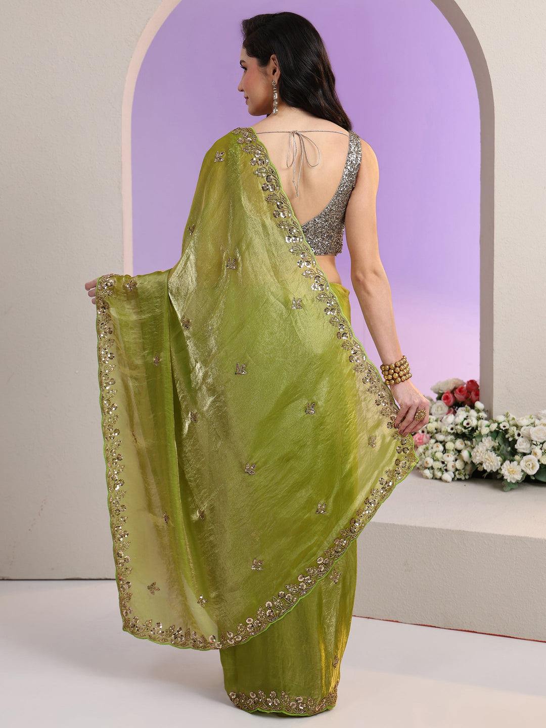 Libas Chartreuse Green Floral Embellished Tissue Saree 