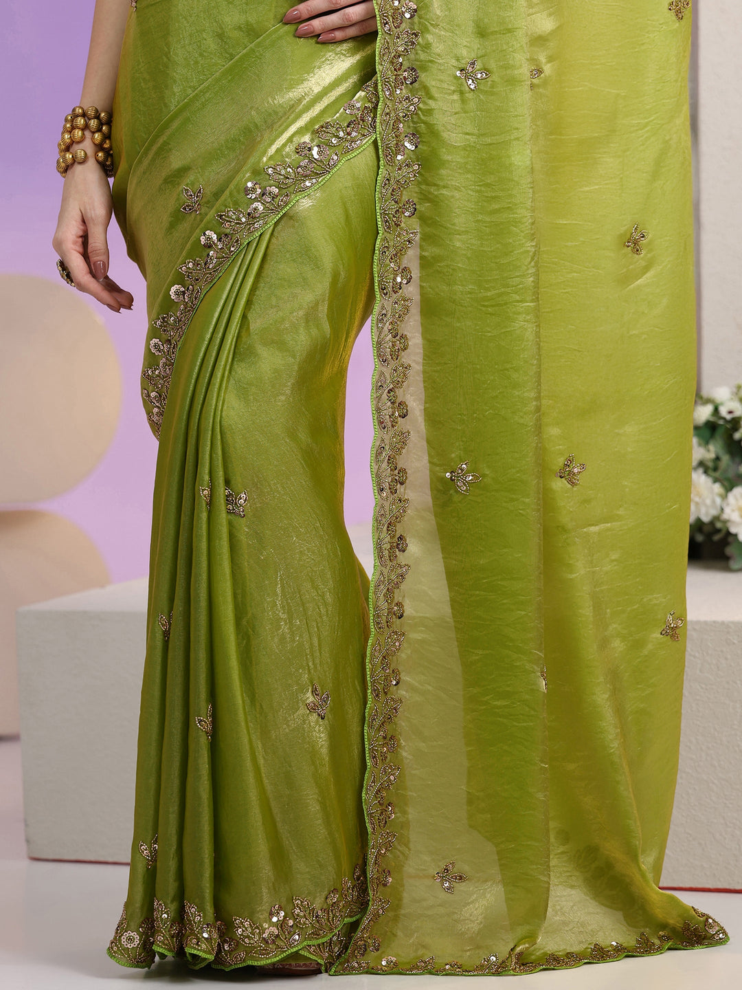  Libas Chartreuse Green Floral Embellished Tissue Saree 