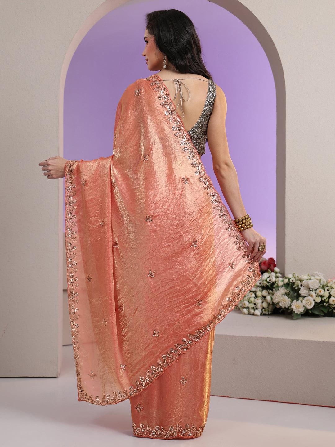  Libas Peach Pink Floral Embellished Tissue Saree 