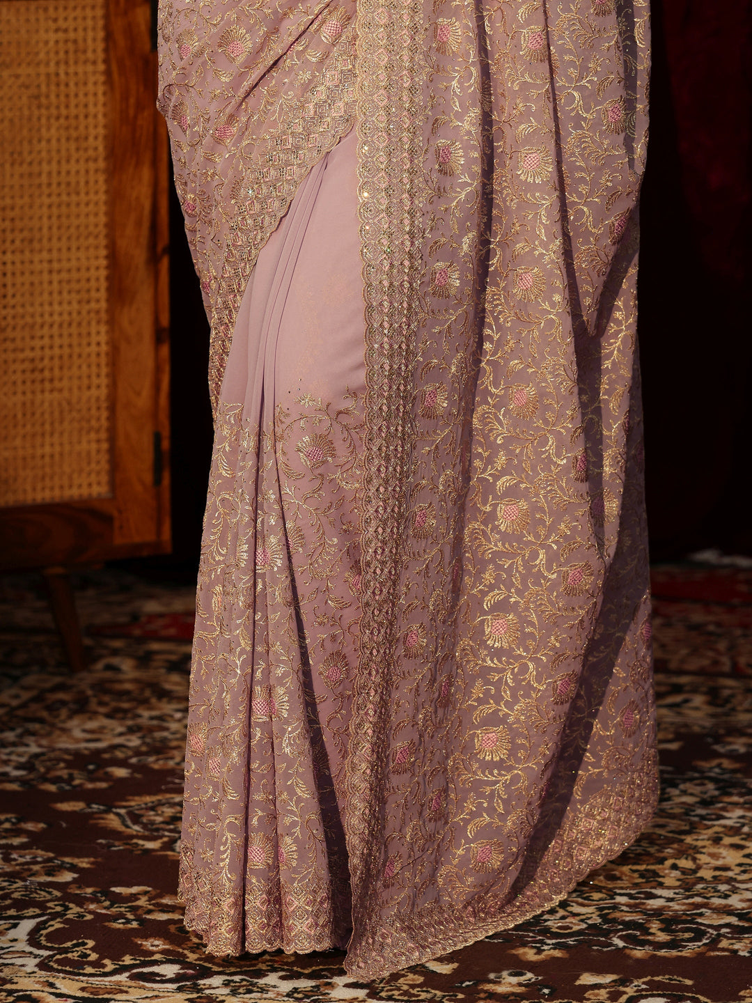  Lilac Floral Embroidered Georgette Saree 