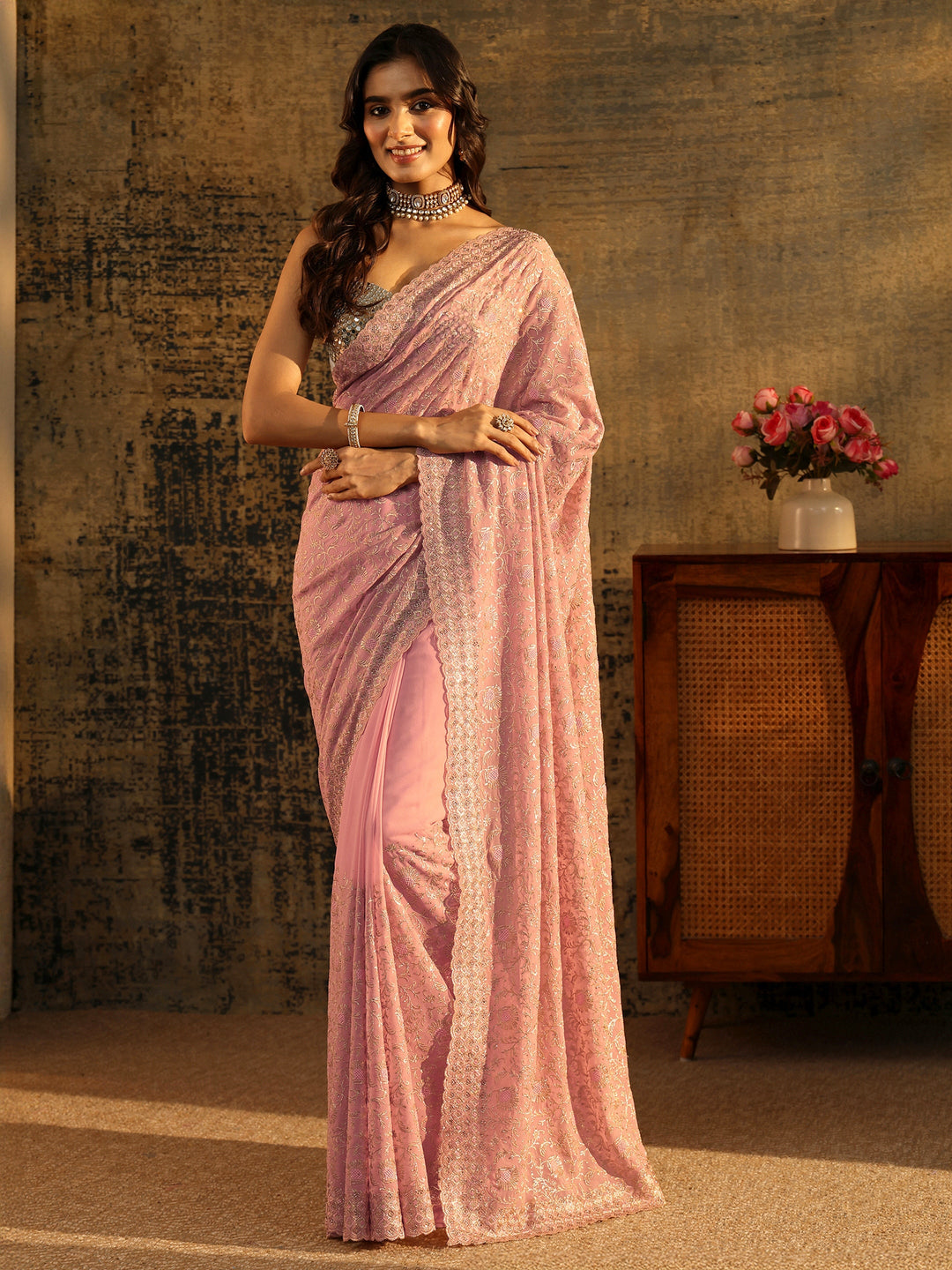  Libas Baby Pink Floral Embroidered Georgette Saree 
