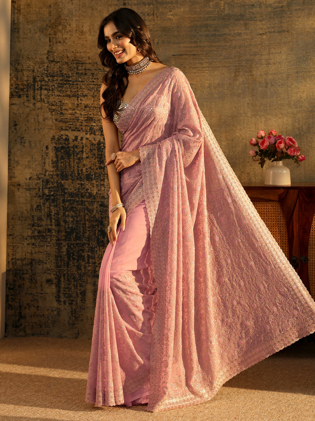  Libas Baby Pink Floral Embroidered Georgette Saree 