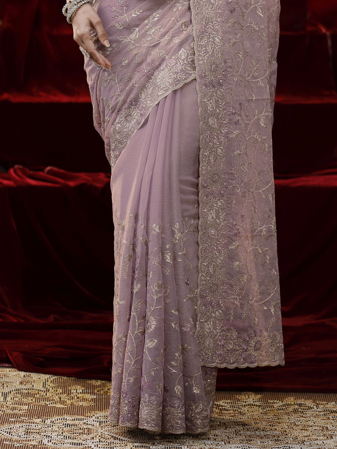  Libas Lavender Floral Embroidered Chiffon Saree 