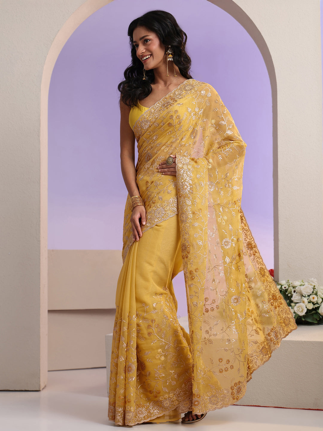  Libas Mustard Floral Embroidered Chiffon Saree 