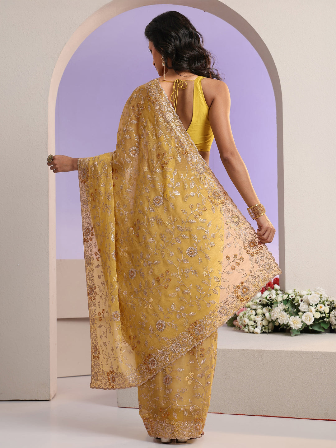  Libas Mustard Floral Embroidered Chiffon Saree 