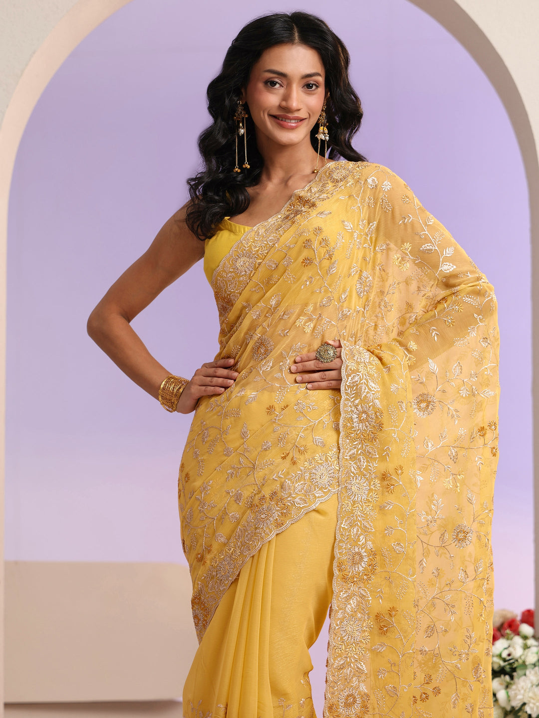  Libas Mustard Floral Embroidered Chiffon Saree 