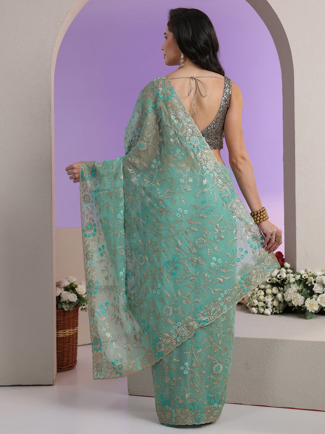  Libas Sea Green Floral Embroidered Chiffon Saree 