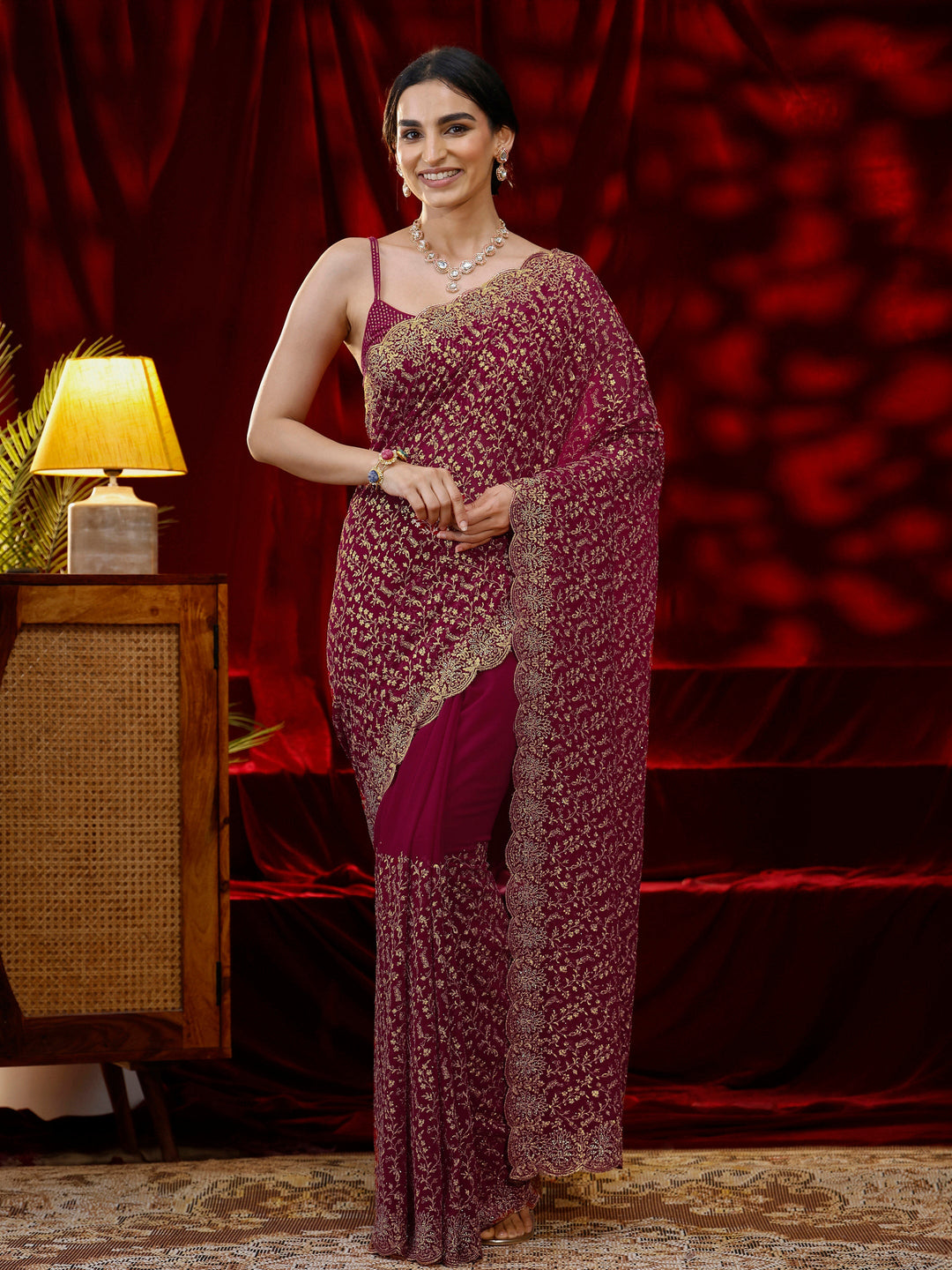  Libas Pink Floral Embroidered Georgette Saree 