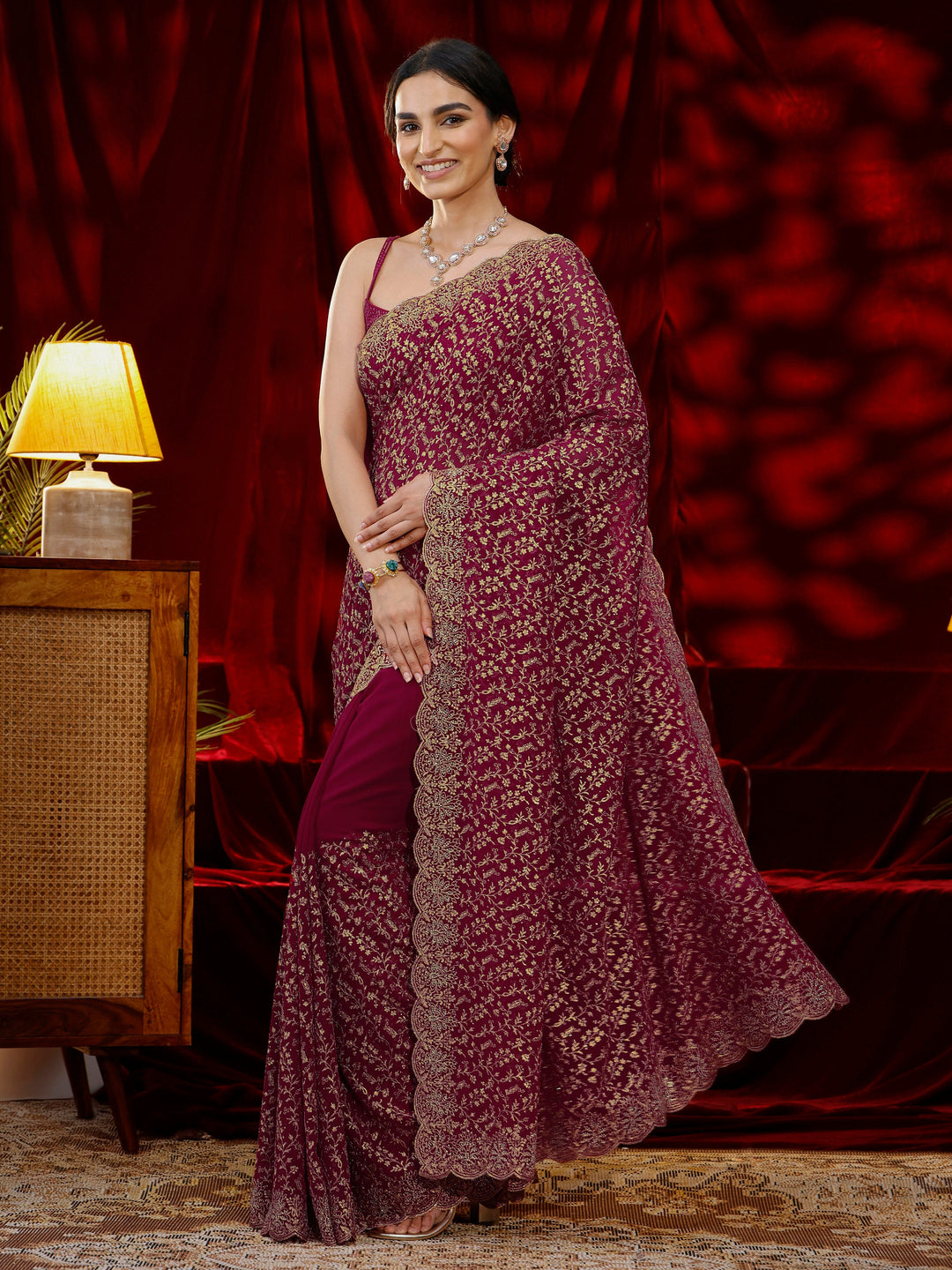  Libas Pink Floral Embroidered Georgette Saree 