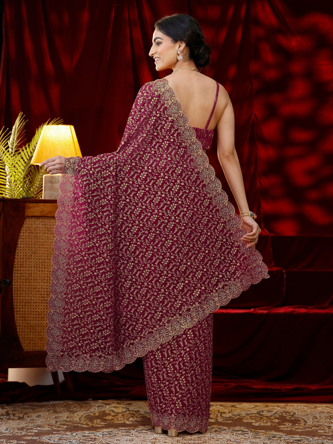  Libas Pink Floral Embroidered Georgette Saree 