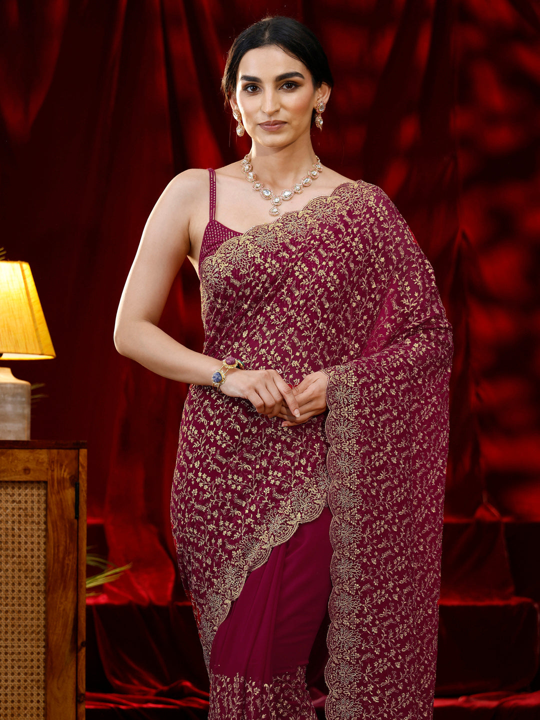  Libas Pink Floral Embroidered Georgette Saree 