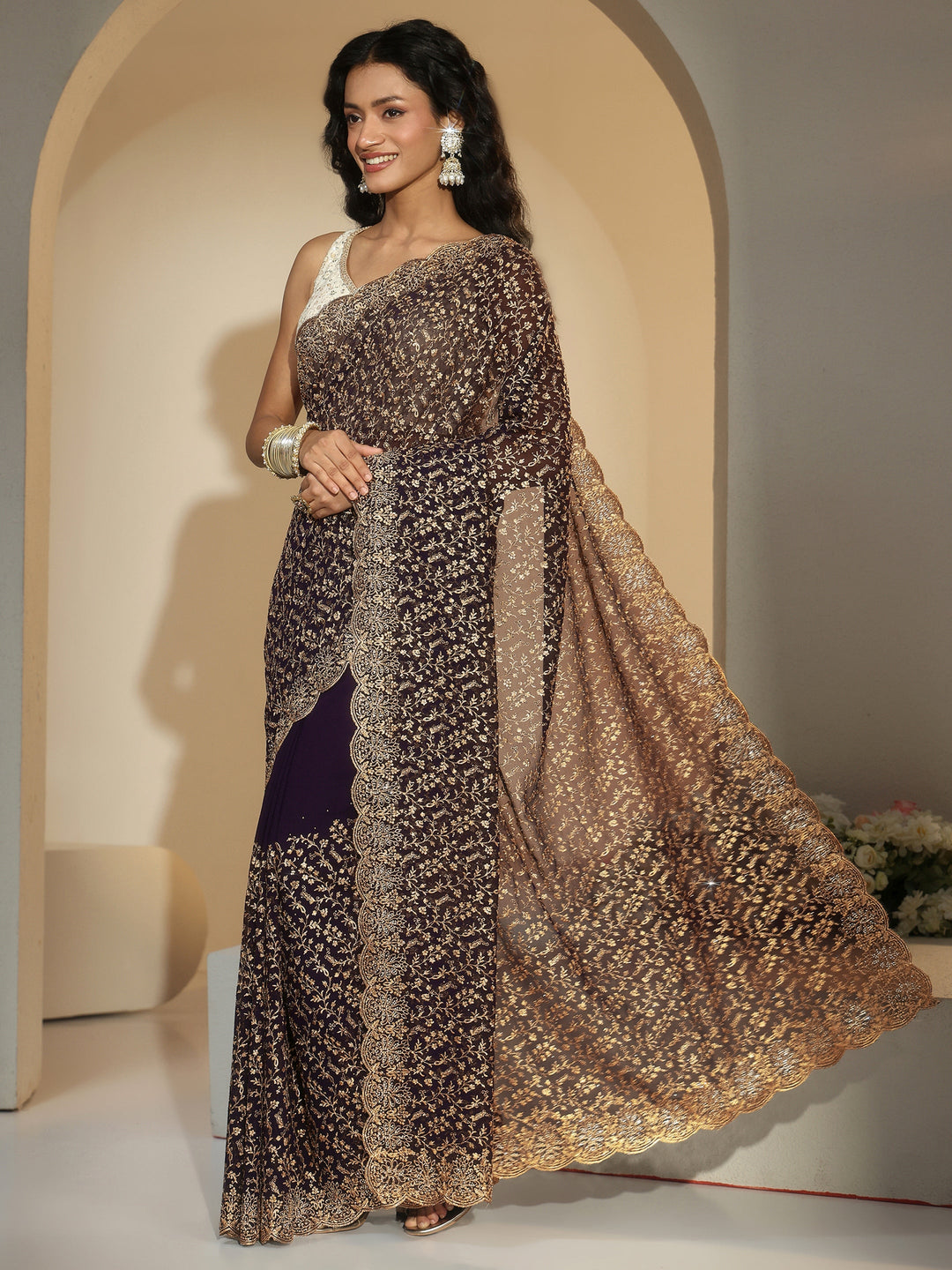  Libas Dark Purple Floral Embroidered Georgette Saree 