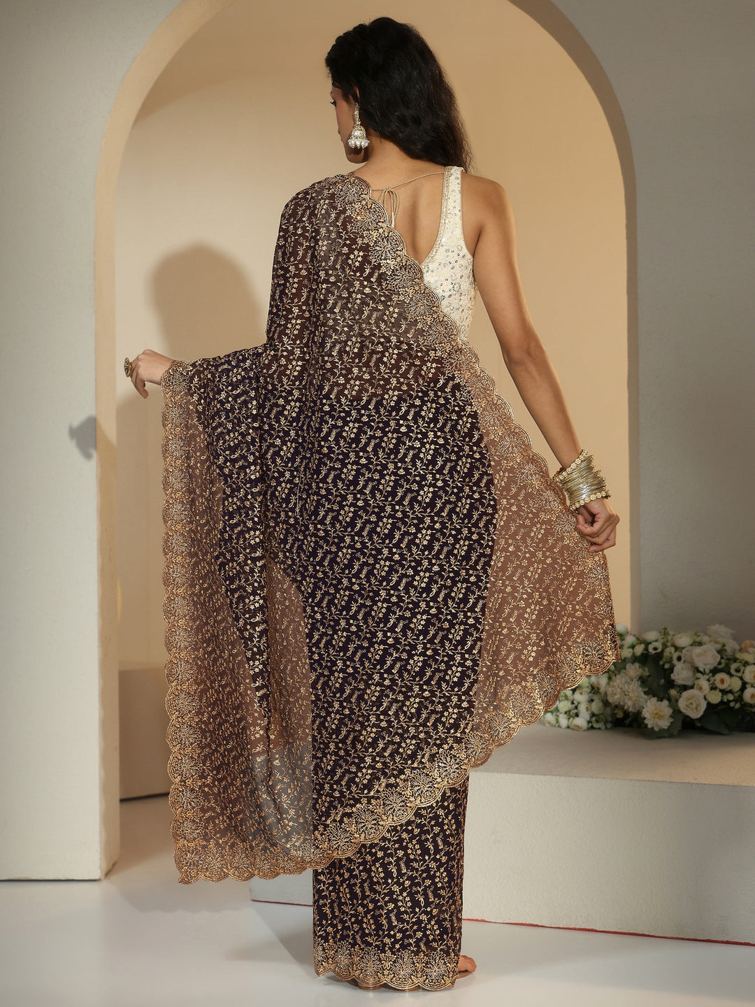  Libas Dark Purple Floral Embroidered Georgette Saree 