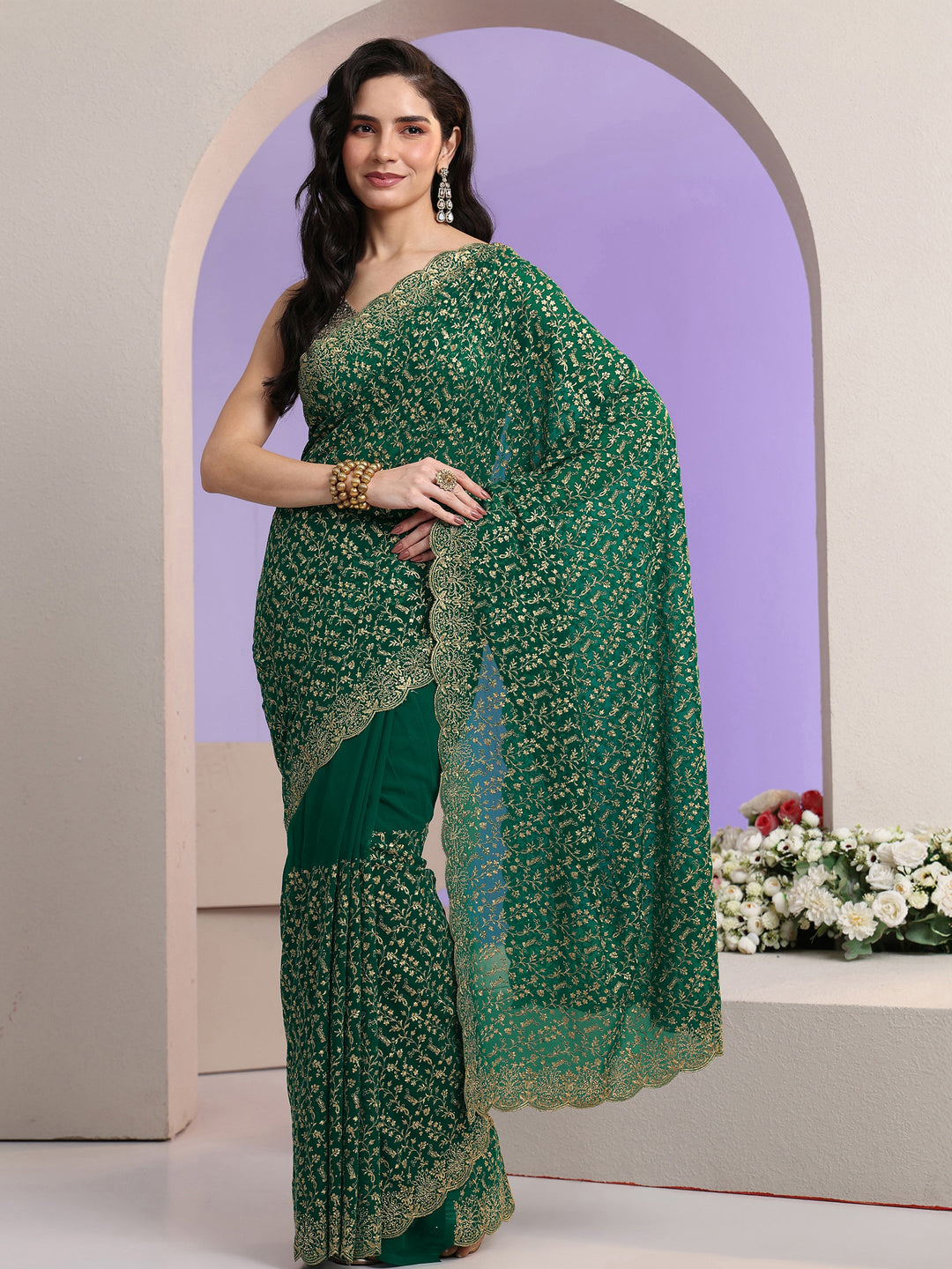 Libas Bottle Green Floral Embroidered Georgette Saree 