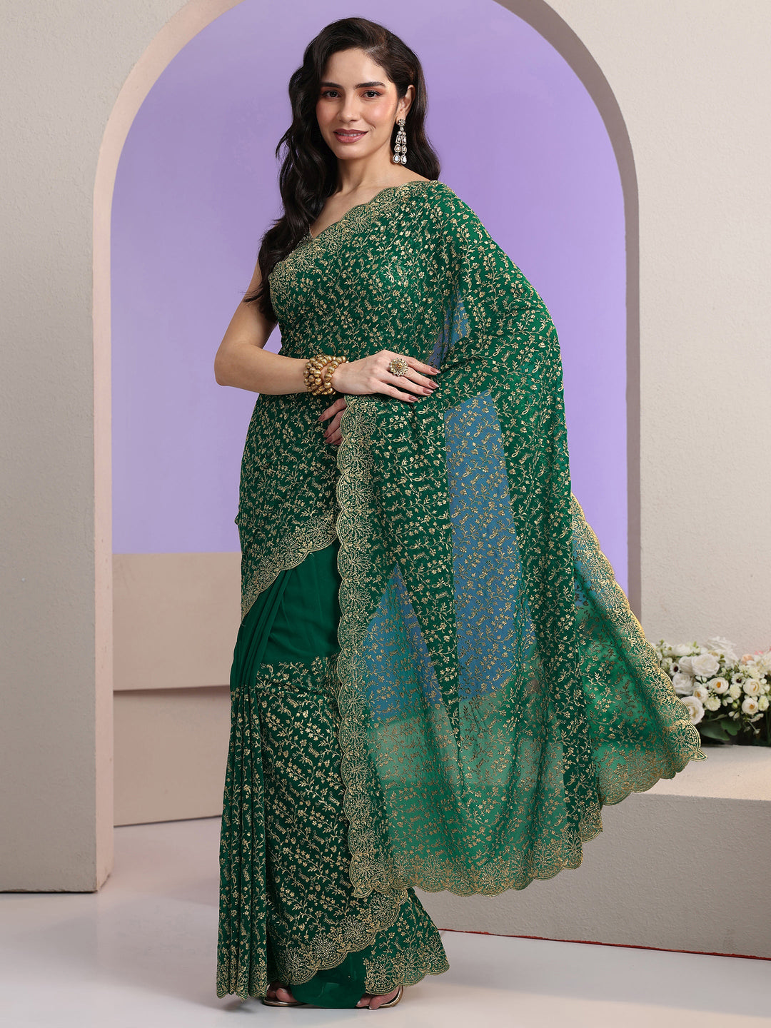  Libas Bottle Green Floral Embroidered Georgette Saree 