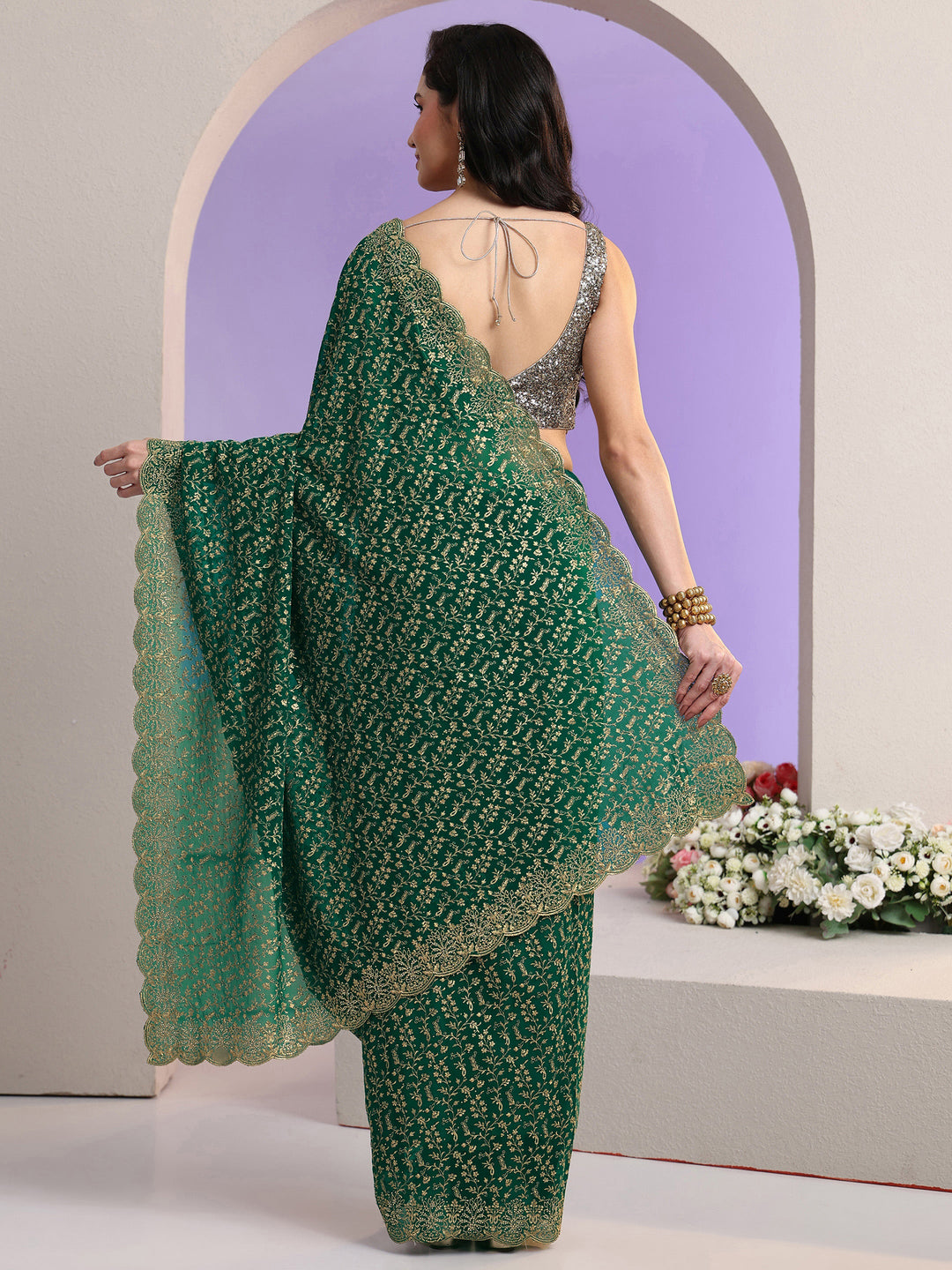  Libas Bottle Green Floral Embroidered Georgette Saree 