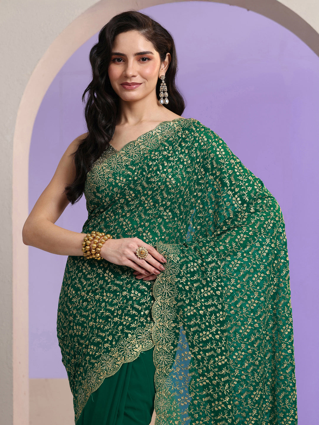  Libas Bottle Green Floral Embroidered Georgette Saree 