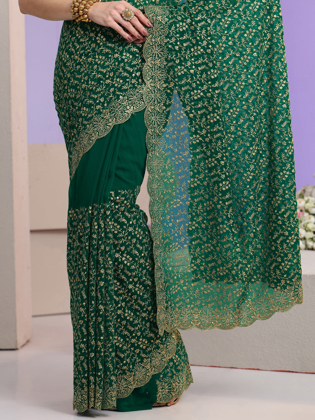  Libas Bottle Green Floral Embroidered Georgette Saree 