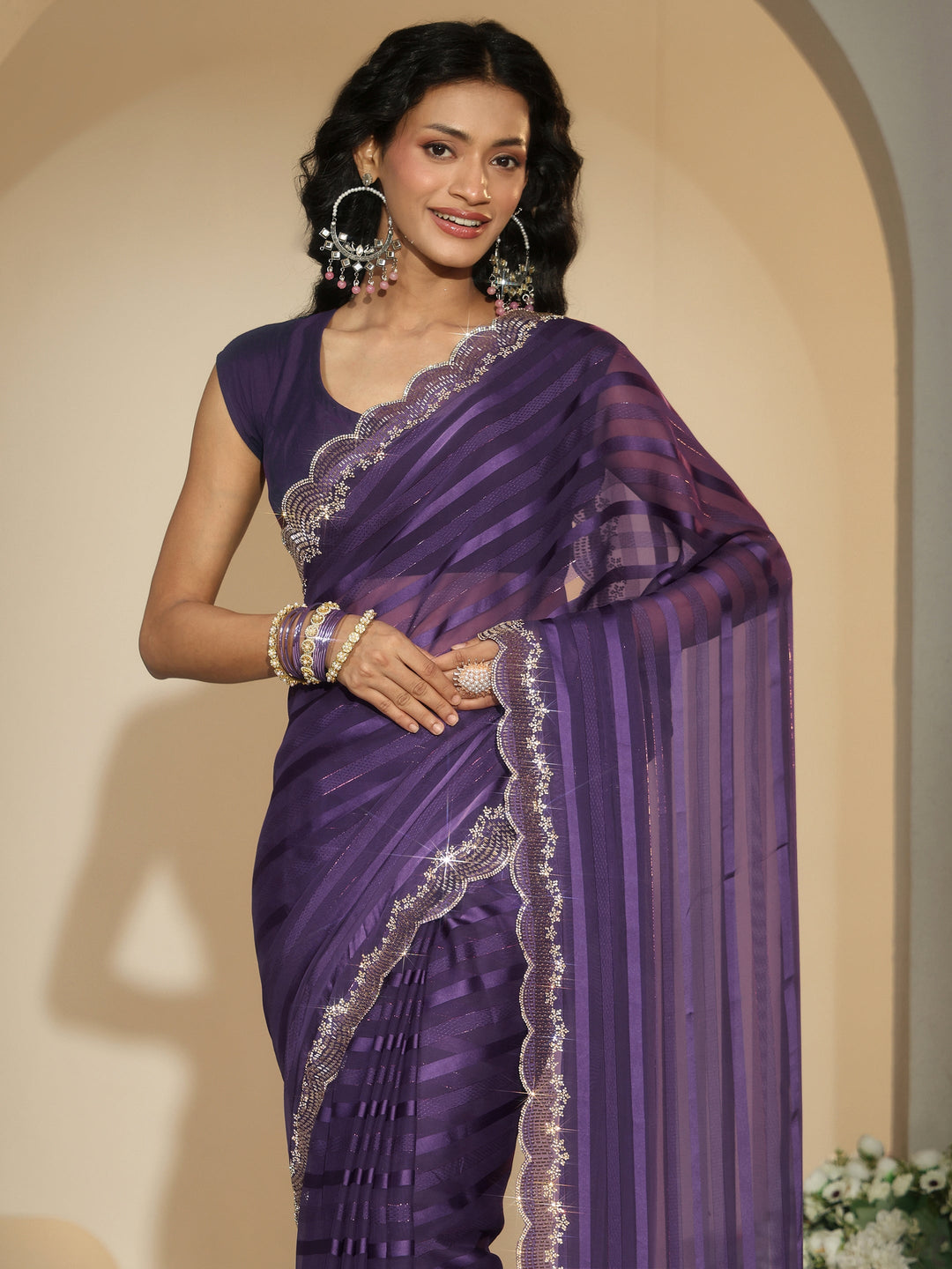  Libas Purple Striped Embellished Net Saree 
