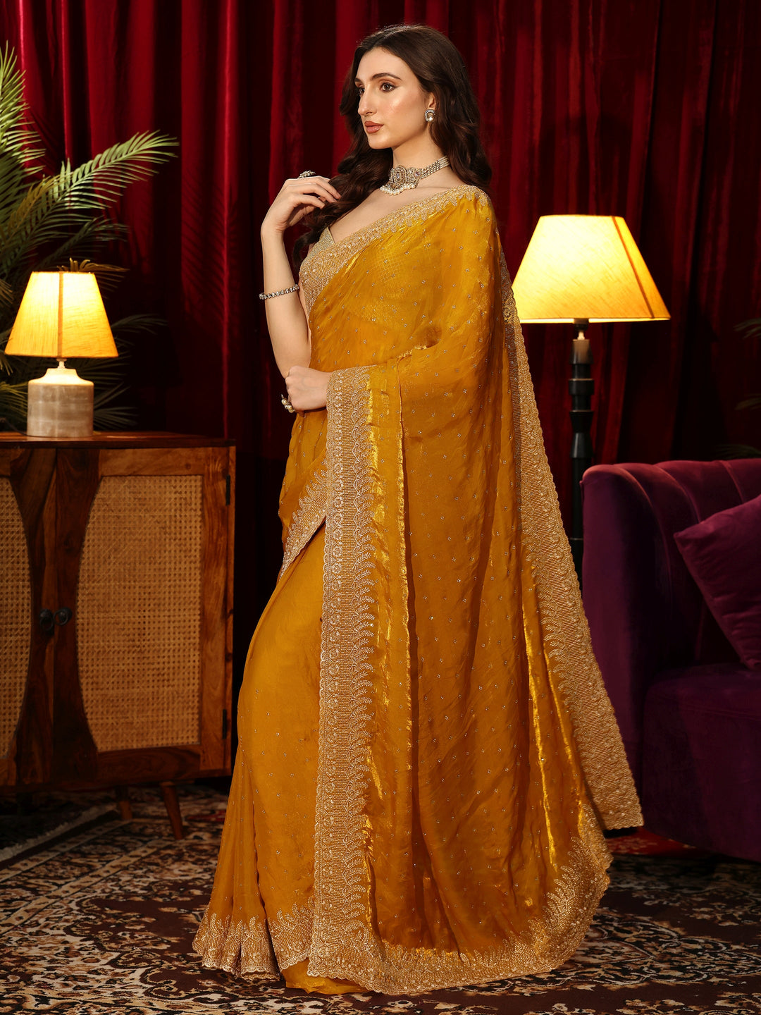  Mustard Embellished Tissue Saree 