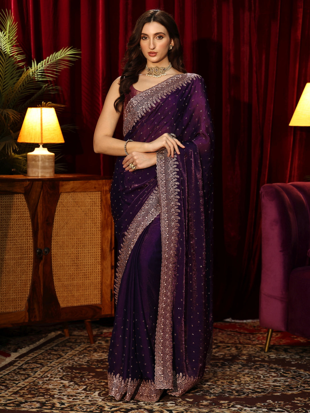  Imperial Purple Embellished Tissue Saree 