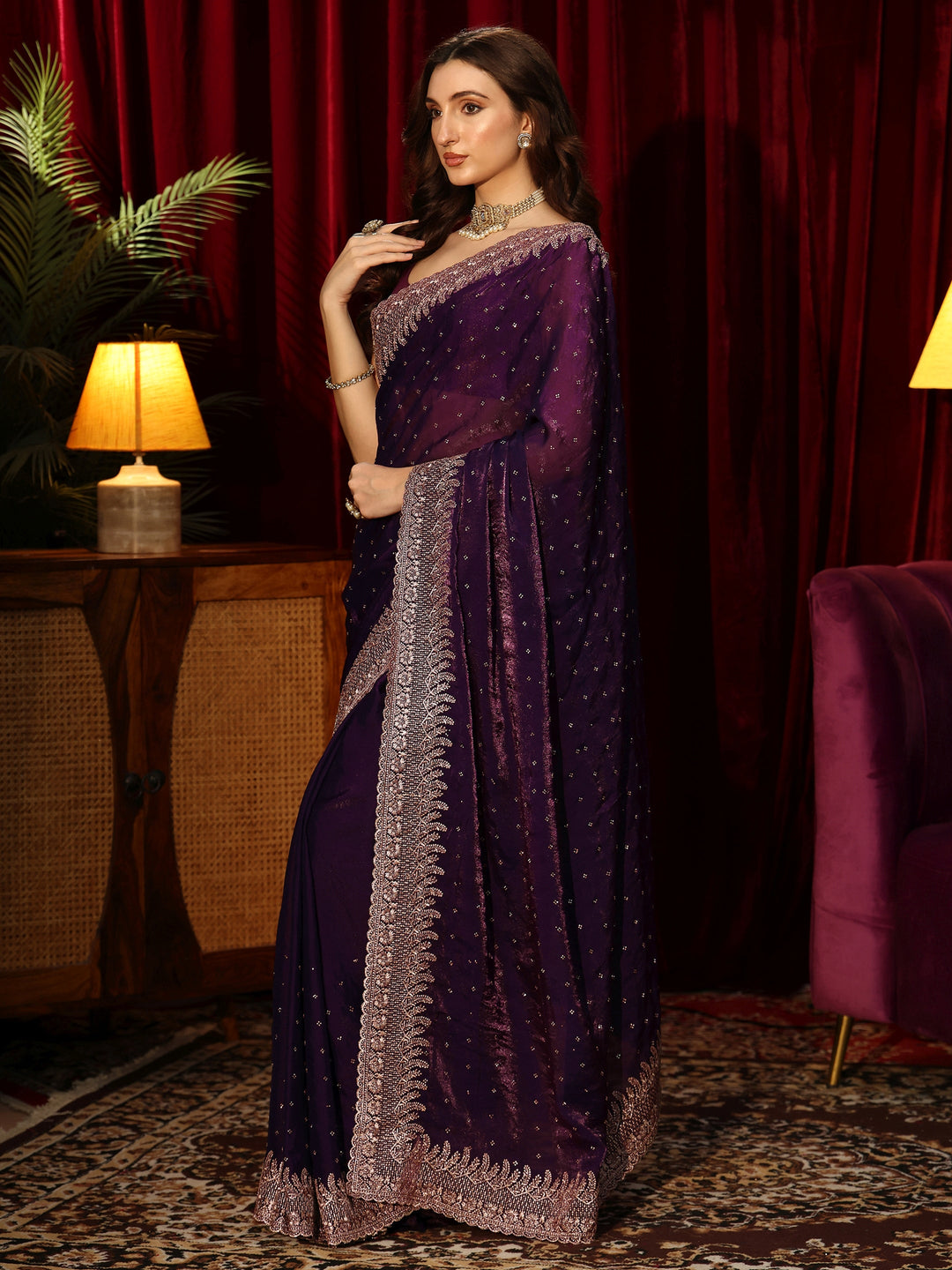  Imperial Purple Embellished Tissue Saree 