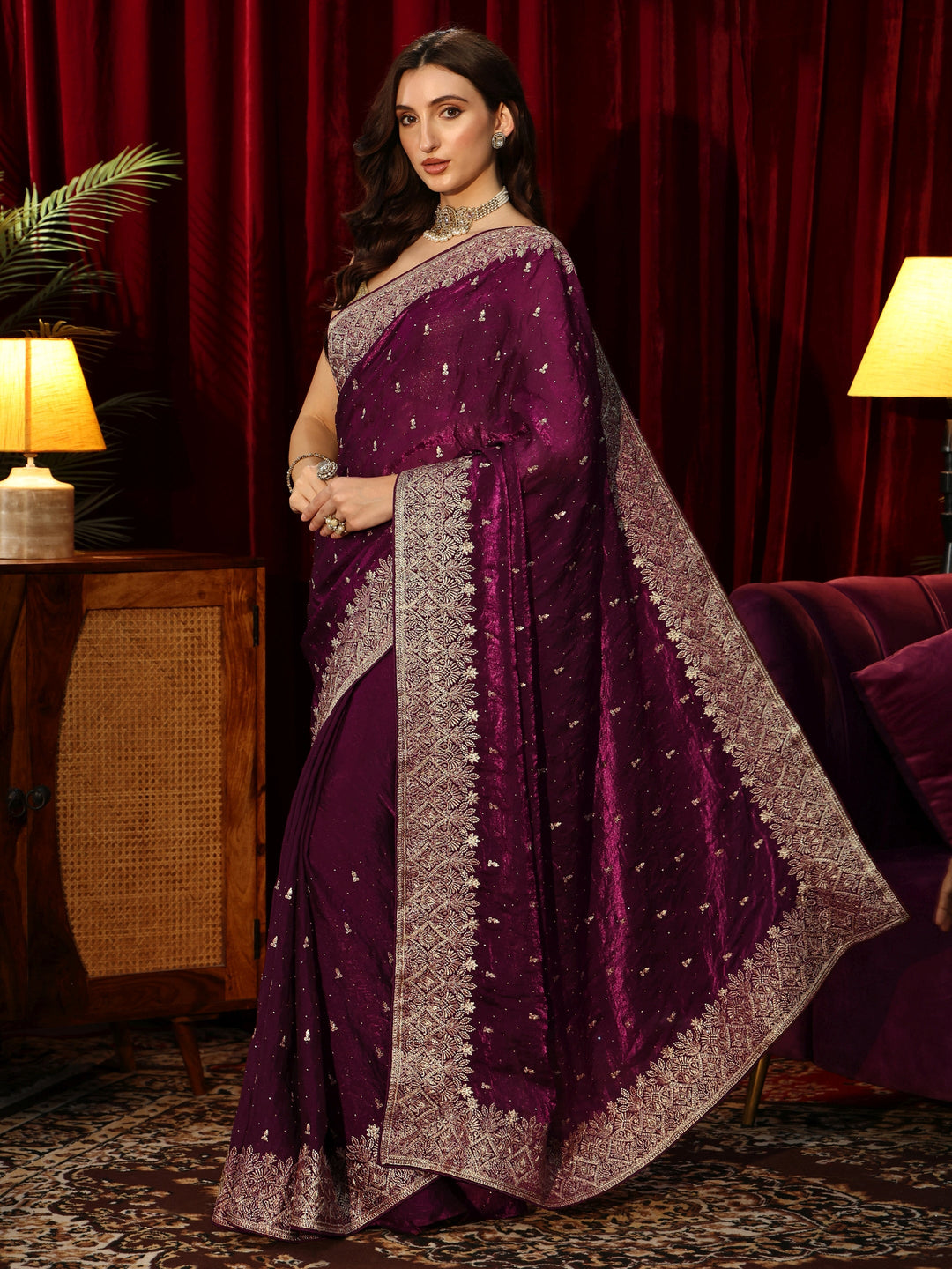  Burgundy Embellished Tissue Saree 
