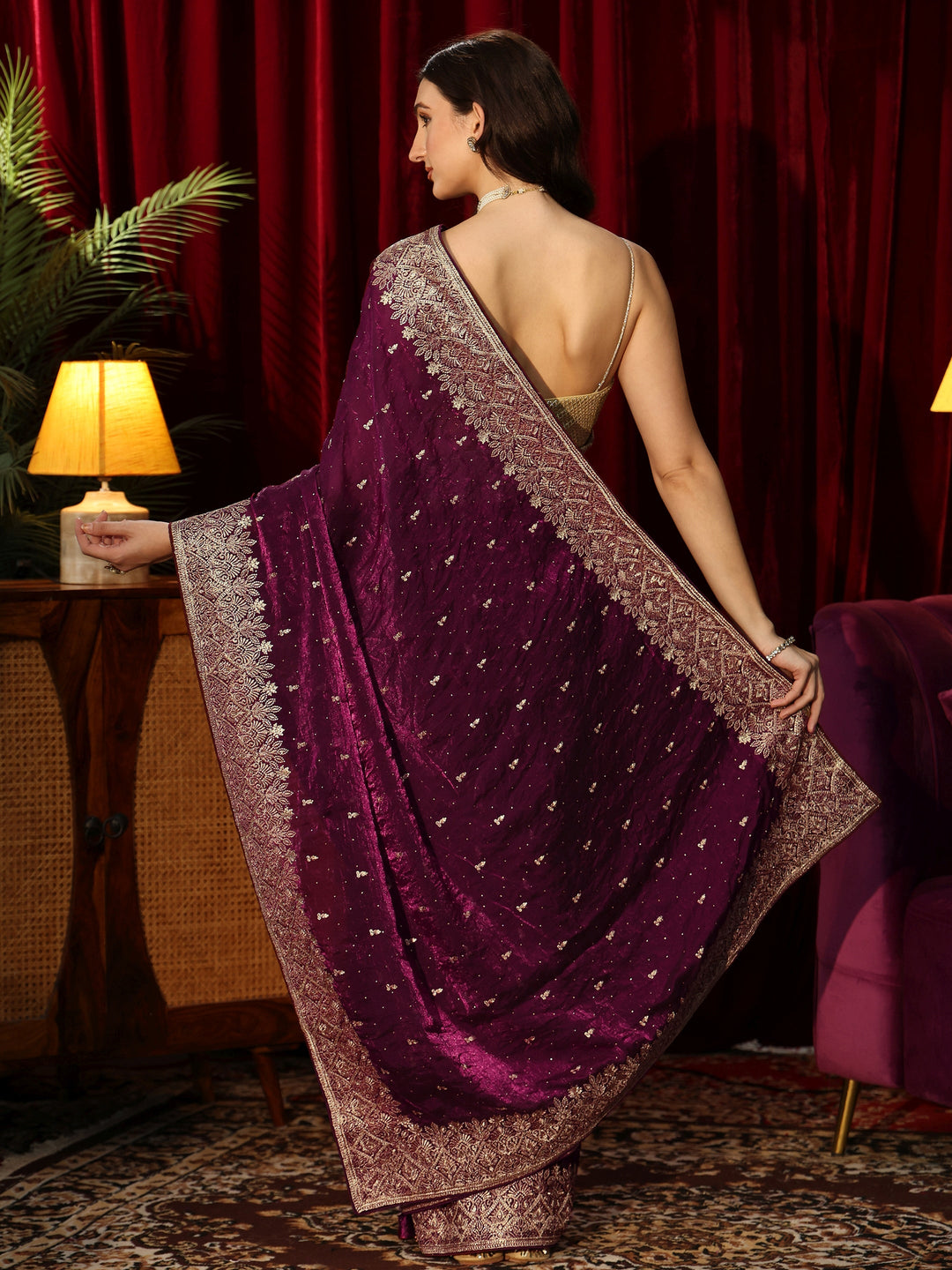  Burgundy Embellished Tissue Saree 