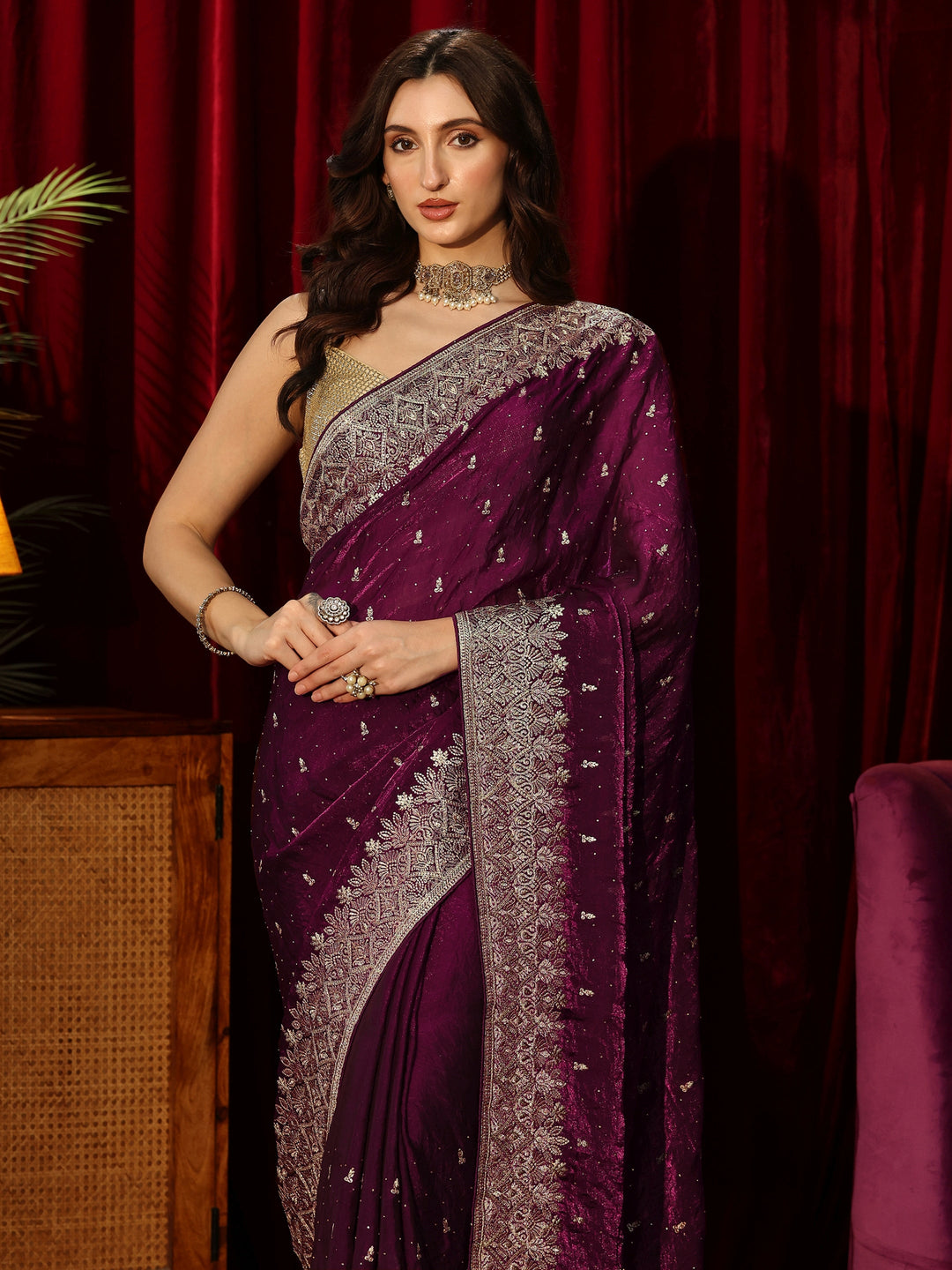  Burgundy Embellished Tissue Saree 