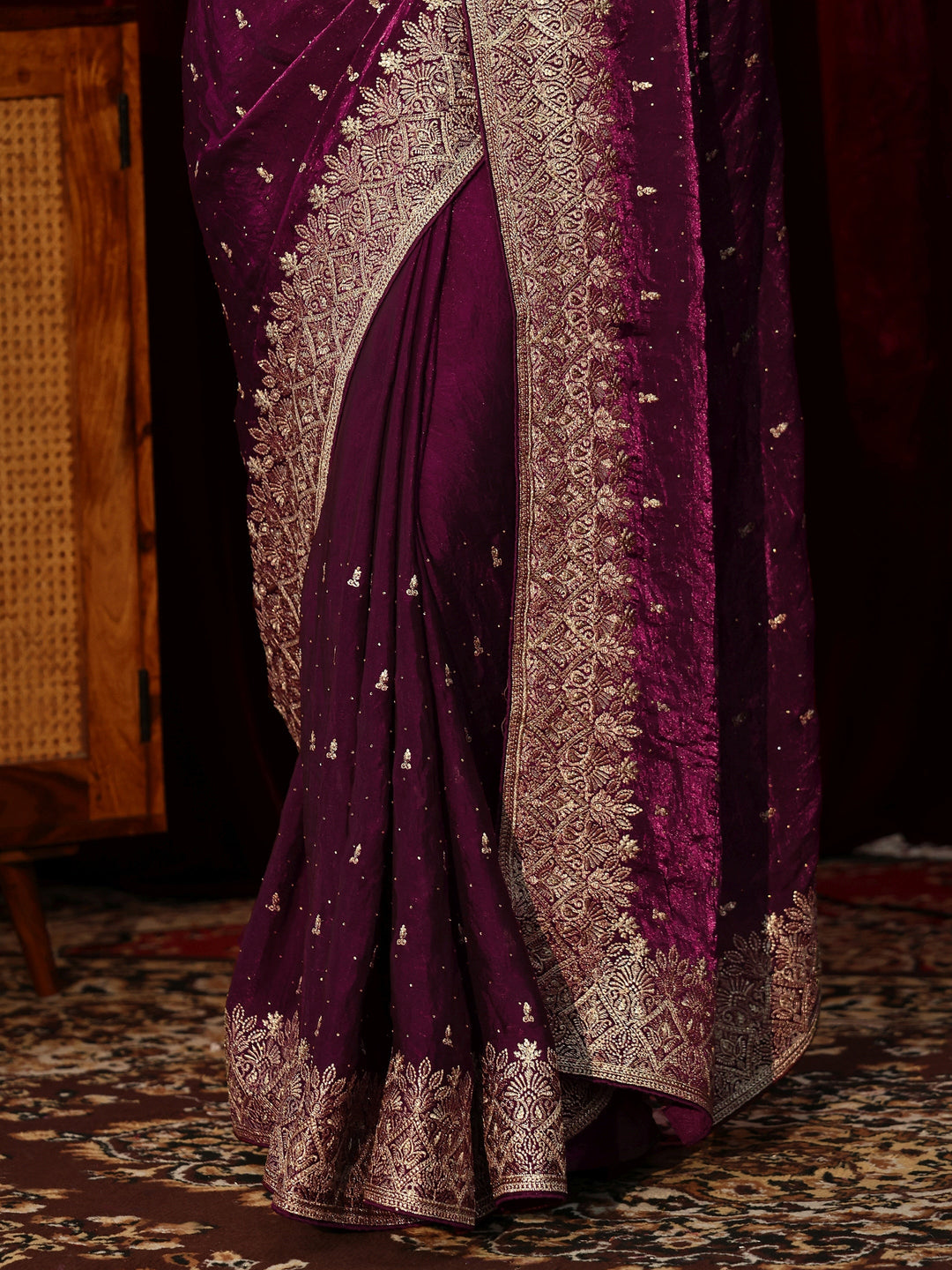  Burgundy Embellished Tissue Saree 