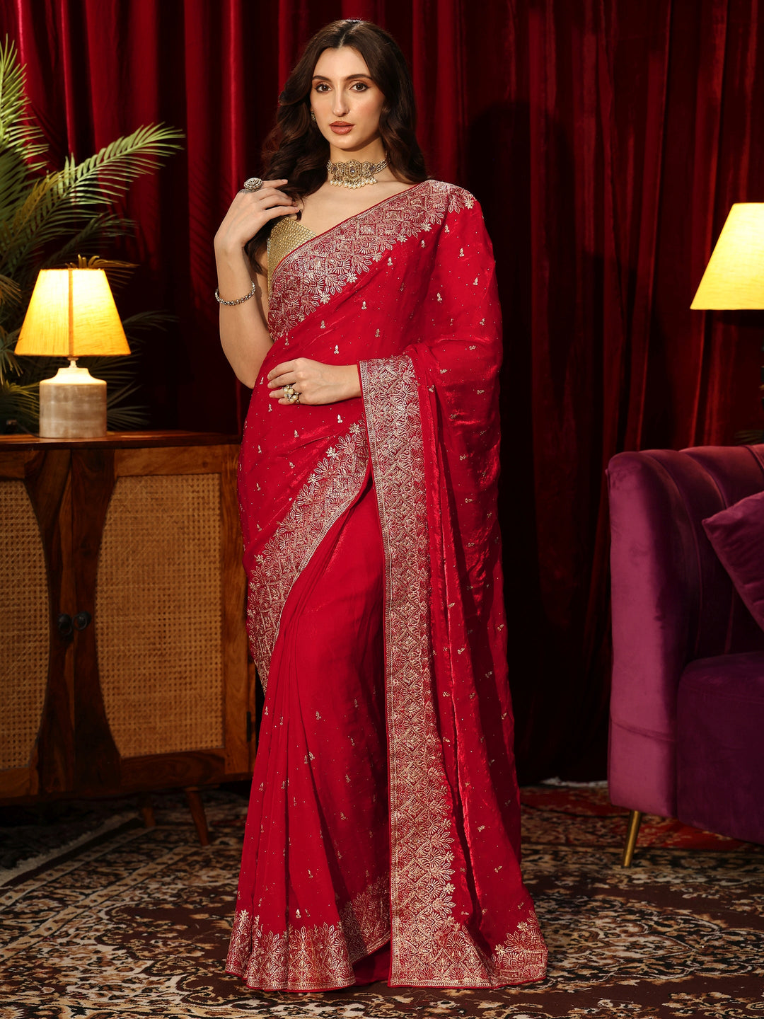  Ruby Red Embellished Tissue Saree 