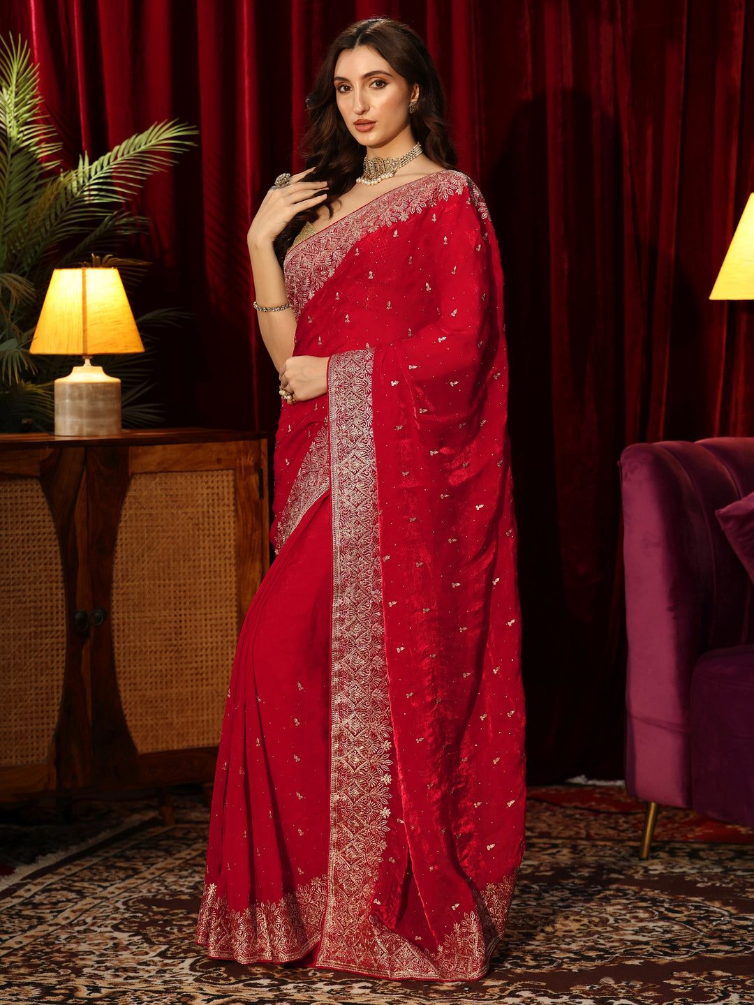  Ruby Red Embellished Tissue Saree 