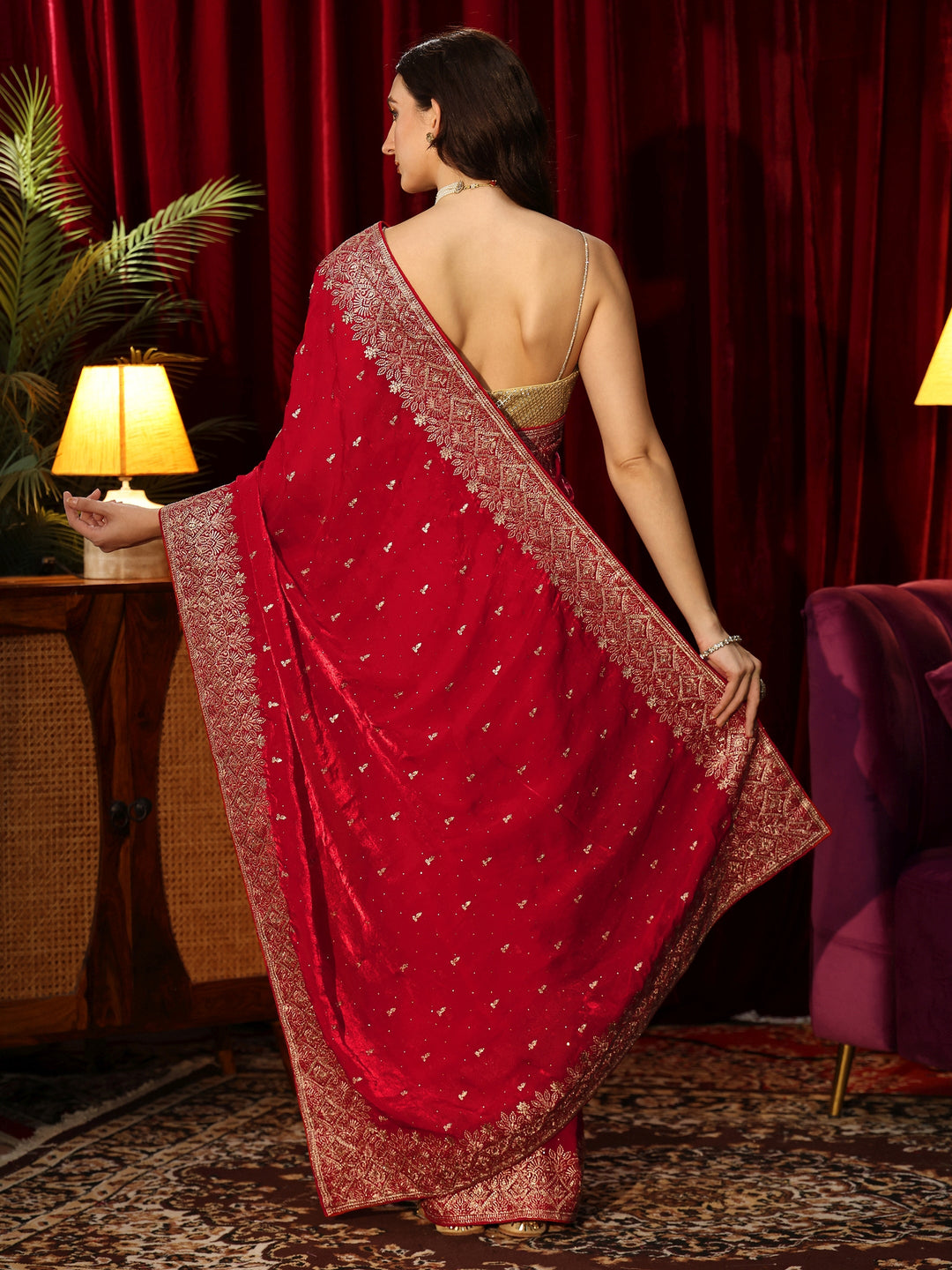  Ruby Red Embellished Tissue Saree 