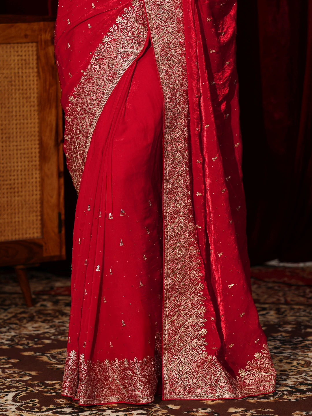  Ruby Red Embellished Tissue Saree 