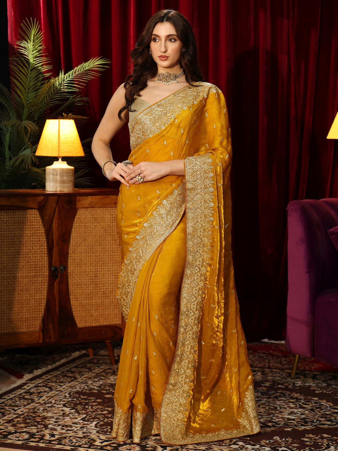  Mustard Embellished Tissue Saree 