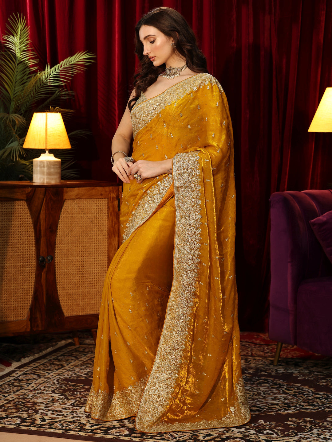  Mustard Embellished Tissue Saree 