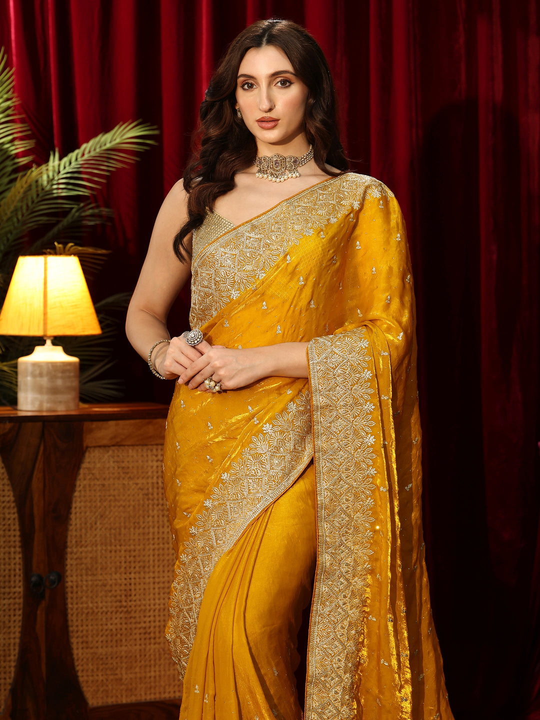  Mustard Embellished Tissue Saree 
