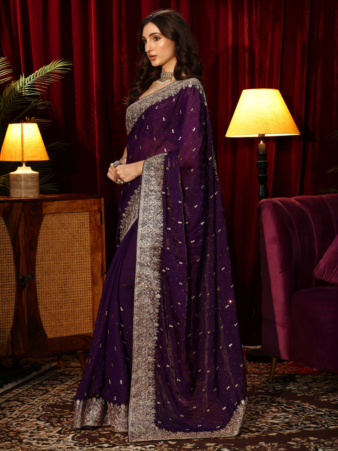  Imperial Purple Embellished Tissue Saree 