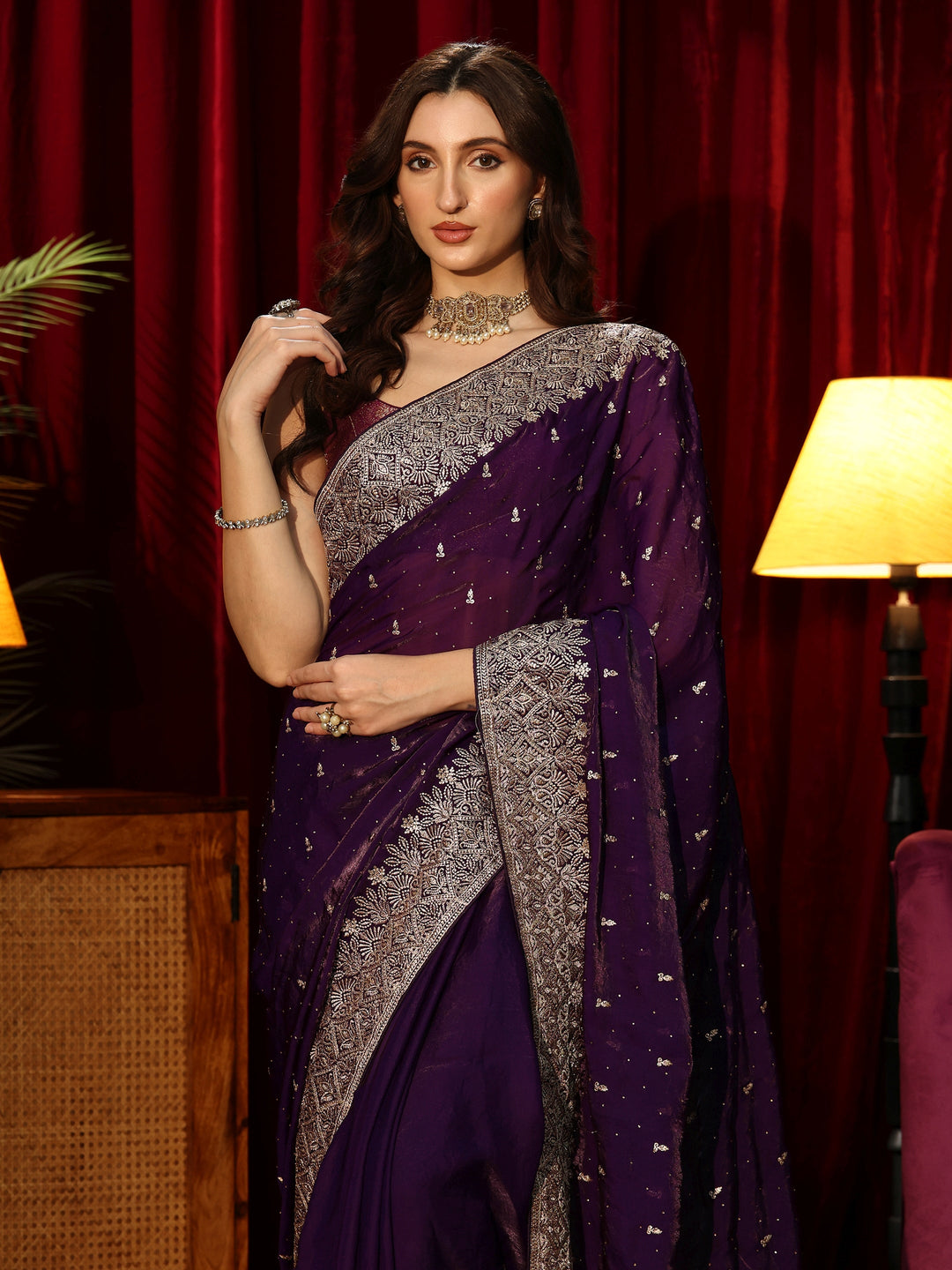  Imperial Purple Embellished Tissue Saree 