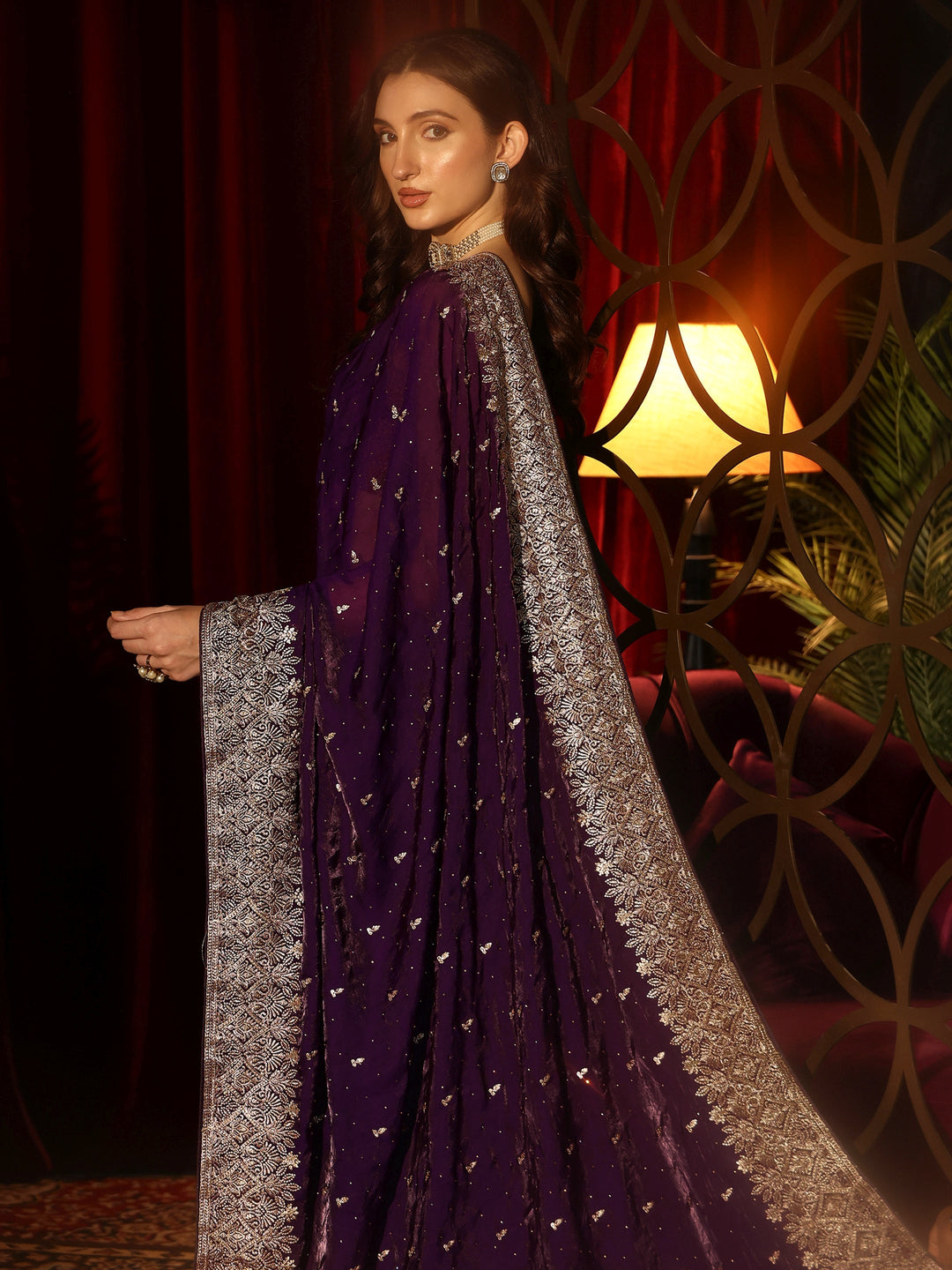  Imperial Purple Embellished Tissue Saree 